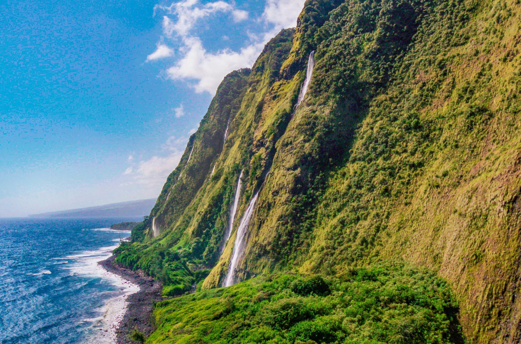 big island sea cliffs waterfalls blue hawaiian helicopter