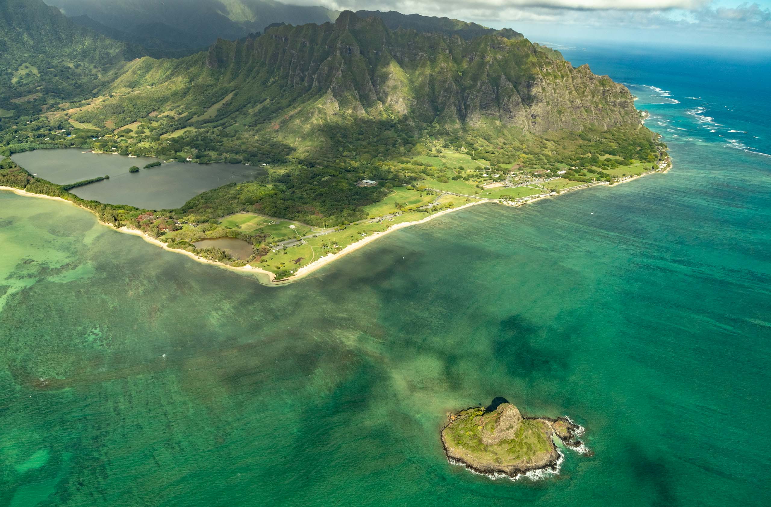 Kualoa Ranch and Chinamans Hat Aerial Oahu