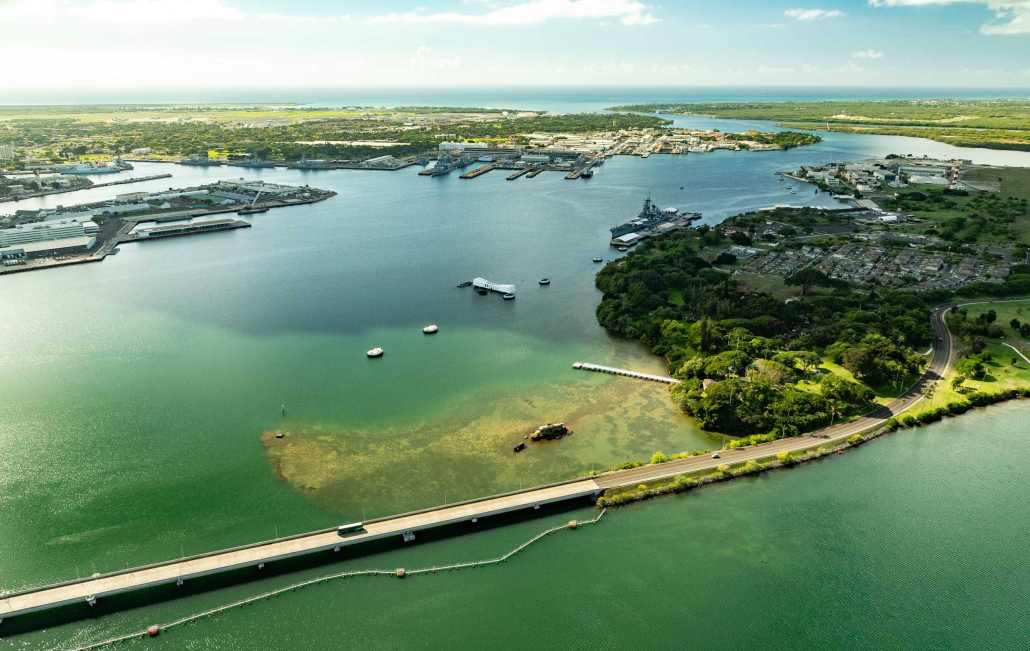 Pearl Harbor Aerial Arizona USS Missouri and Bridge Oahu