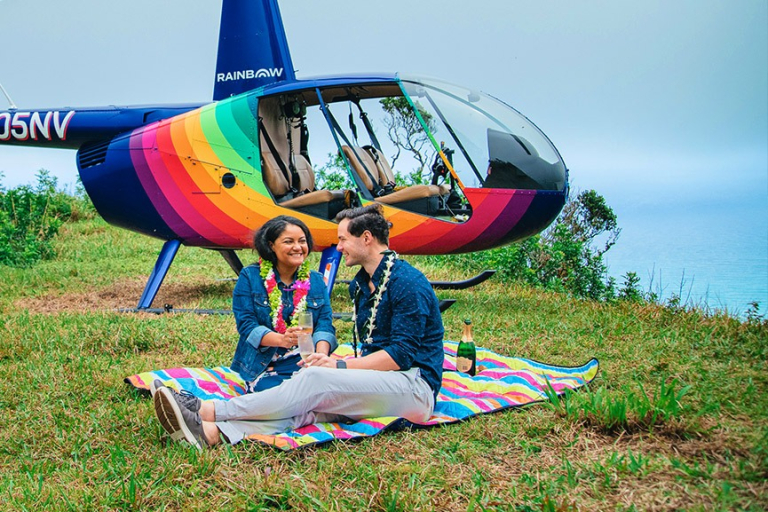 champagne toast at the landing oahu rainbow helicopters