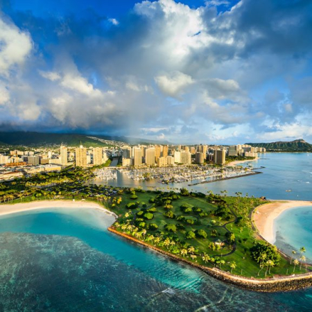 beautiful picture of waikiki skyline on oahu from rainbow helicopters