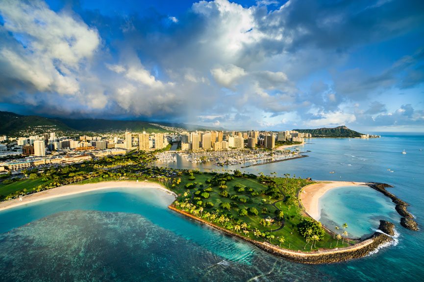 beautiful picture of waikiki skyline on oahu from rainbow helicopters