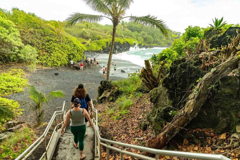 black sand beach stairs to beach and visitors maui hawaii