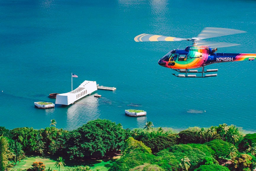 flying above uss arizona memorial pearl harbor historic sites oahu hawaii rainbow helicopters