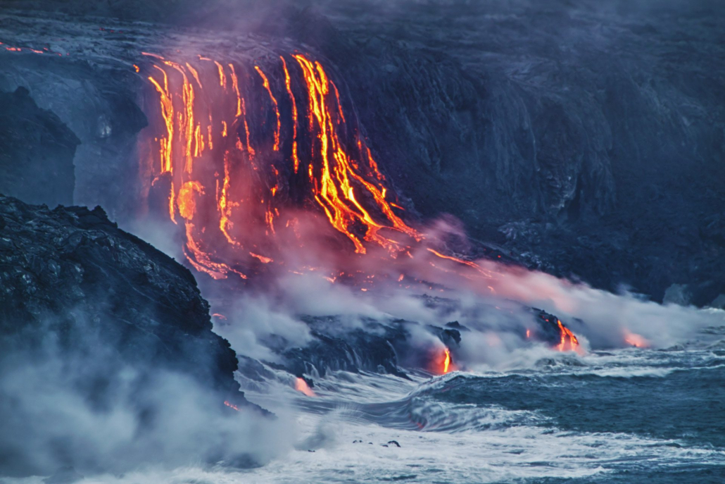 lava erupting into pacific ocean in hawaii big island