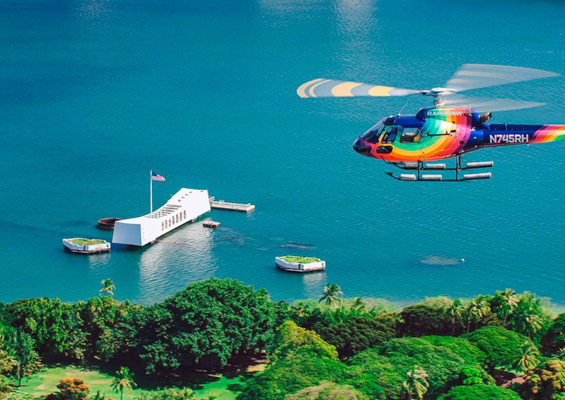 slide flying above uss arizona memorial pearl harbor historic sites oahu hawaii rainbow helicopters