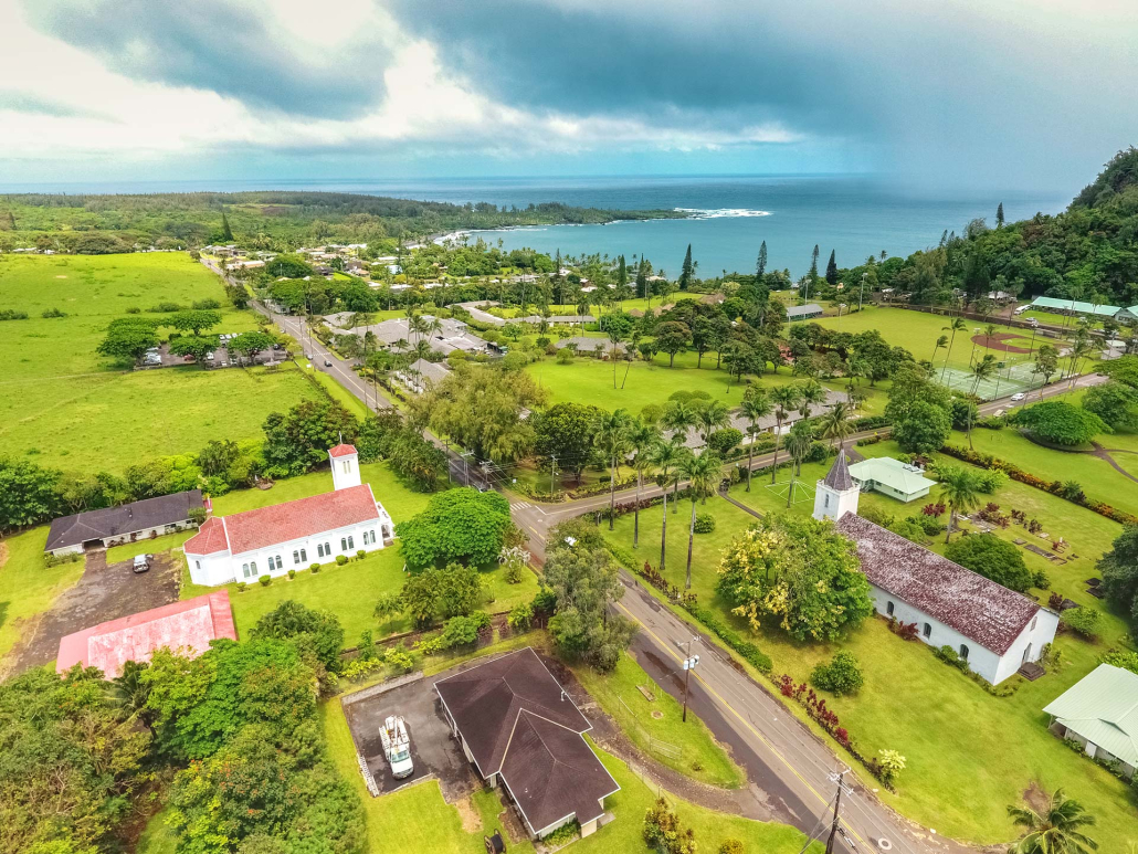 views of hana town from above maui island
